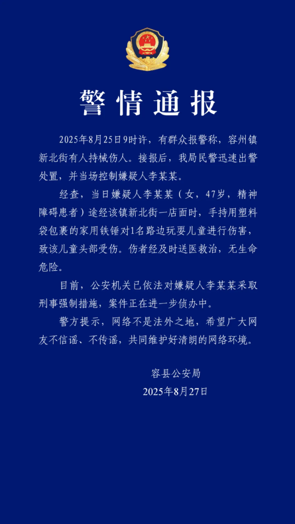 牛金所 广西容县一女子用铁锤砸伤男孩头部，警方通报